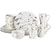Loymokinar Modern Porcelain 16 Piece White Dinnerware Set,Plates and Bowls Sets,Gold Dish Set for 4,White Dinnerware Set,Dinner Sets with Dinner Plates.