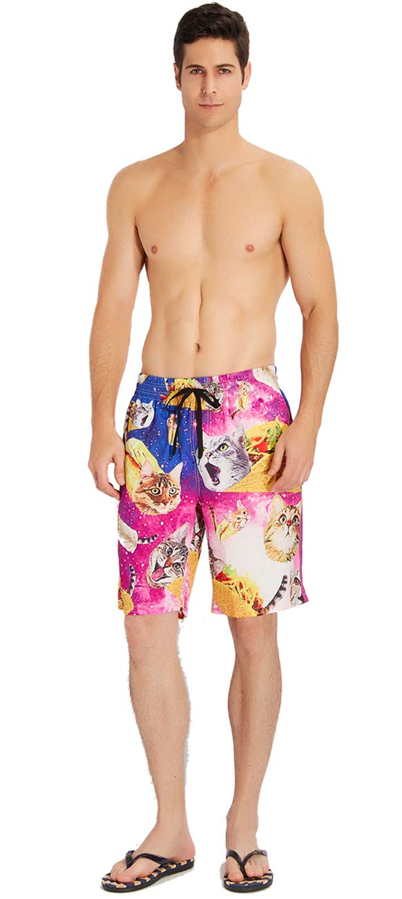 TUONROAD Mens Summer Short Boardshorts 3D Printed Floral Bathing Trunks Blue Purple Galavey Space Mouth Cat Popular Trunks Shorts,Large,Pizza Cat