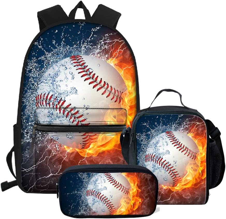 Baseball Print Backpack Sets With Lunch Kits and Pencil Bags for Elementary/Primary School Boys