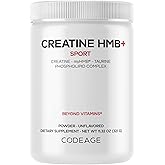 Codeage Creatine HMB+ Powder - Creatine Monohydrate, Taurine, myHMB Supplement, Vitamin D3 - Sports Support Supplement - Liposomal Delivery - Non-GMO, Unflavored - 11.32 oz