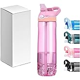 TCKJ 25oz Pink Water Bottle with Clip Handle and Locking Lid, Reusable Travel Tritan Water Bottle with Straw and Sports Plastic Water Bottle - Pink