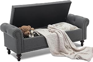 SOFTHION Storage Bench Upholstered Linen End of Bedroom Bed Bench Ottoman with Tufted Cushioned Rolled Arm Large Storage Space for Reading Living Room Entryway, Grey
