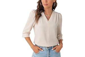 HAWILAND 3/4 Length Sleeve Tops for Women Ruffle V Neck Loose Plain Shirts Work Office Dressy Business Casual Blouses