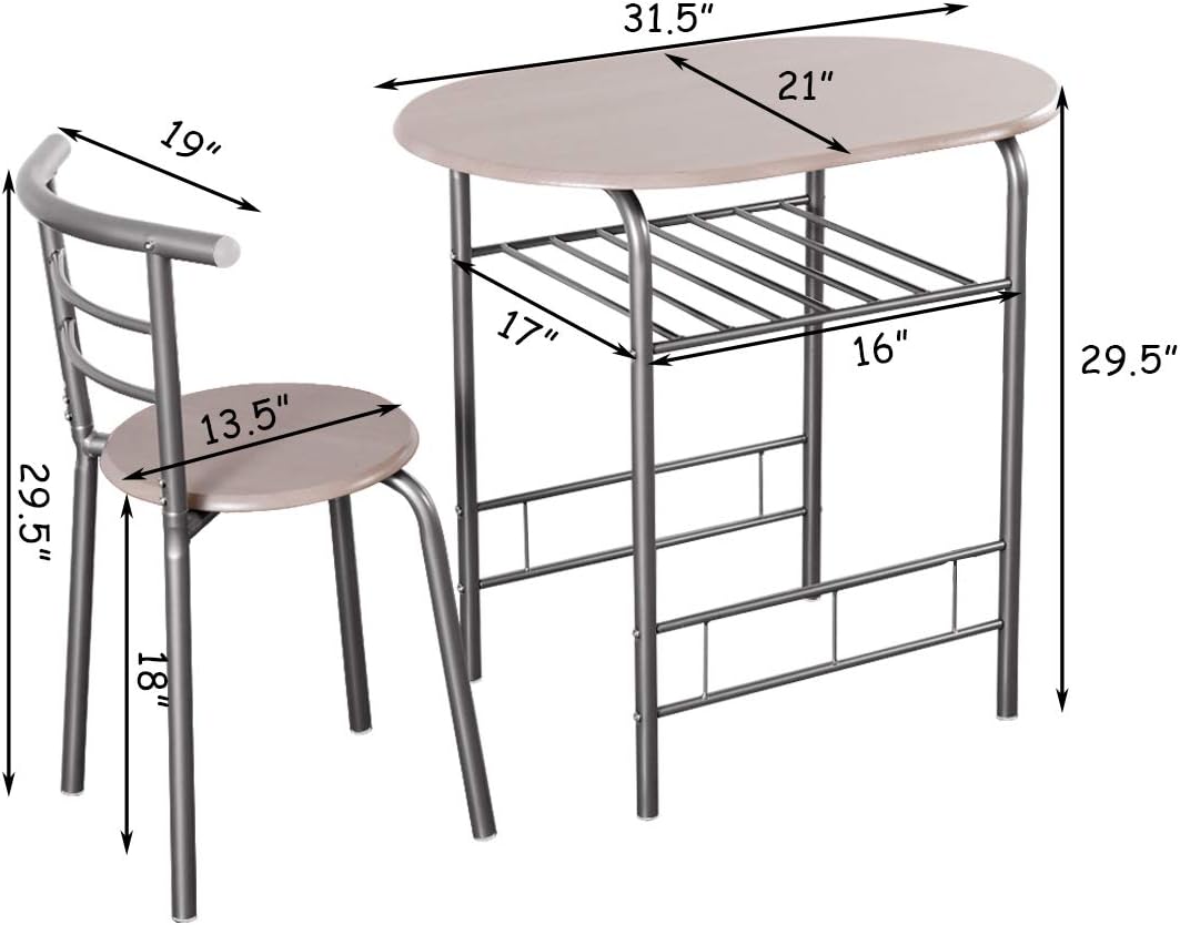 Giantex 3 Piece Dining Set Compact 2 Chairs and Table Set with Metal Frame and Shelf Storage Bistro Pub Breakfast Space Saving for Apartment and Kitchen (Beech) - Table & Chair Sets