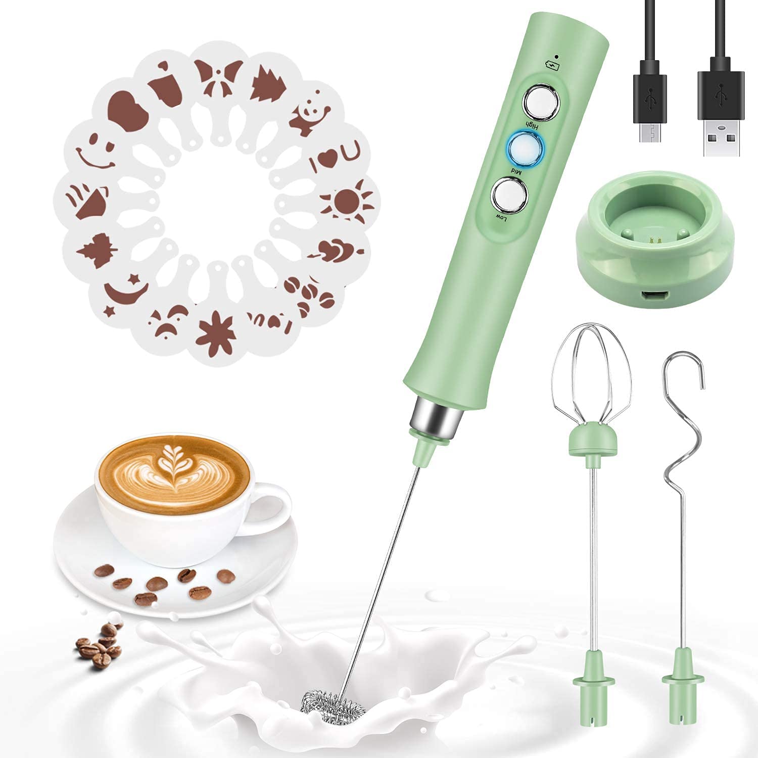 MEETOZ Milk Frother Quiet Hand held Frother Whisk, USB Recharge able 3 Speeds for Cappuccino,Lattes,Egg Mix, Matcha, Hot Chocolate, 3 Stainless Steel Whisks(16Pcs Art Stencils Free) (Green)