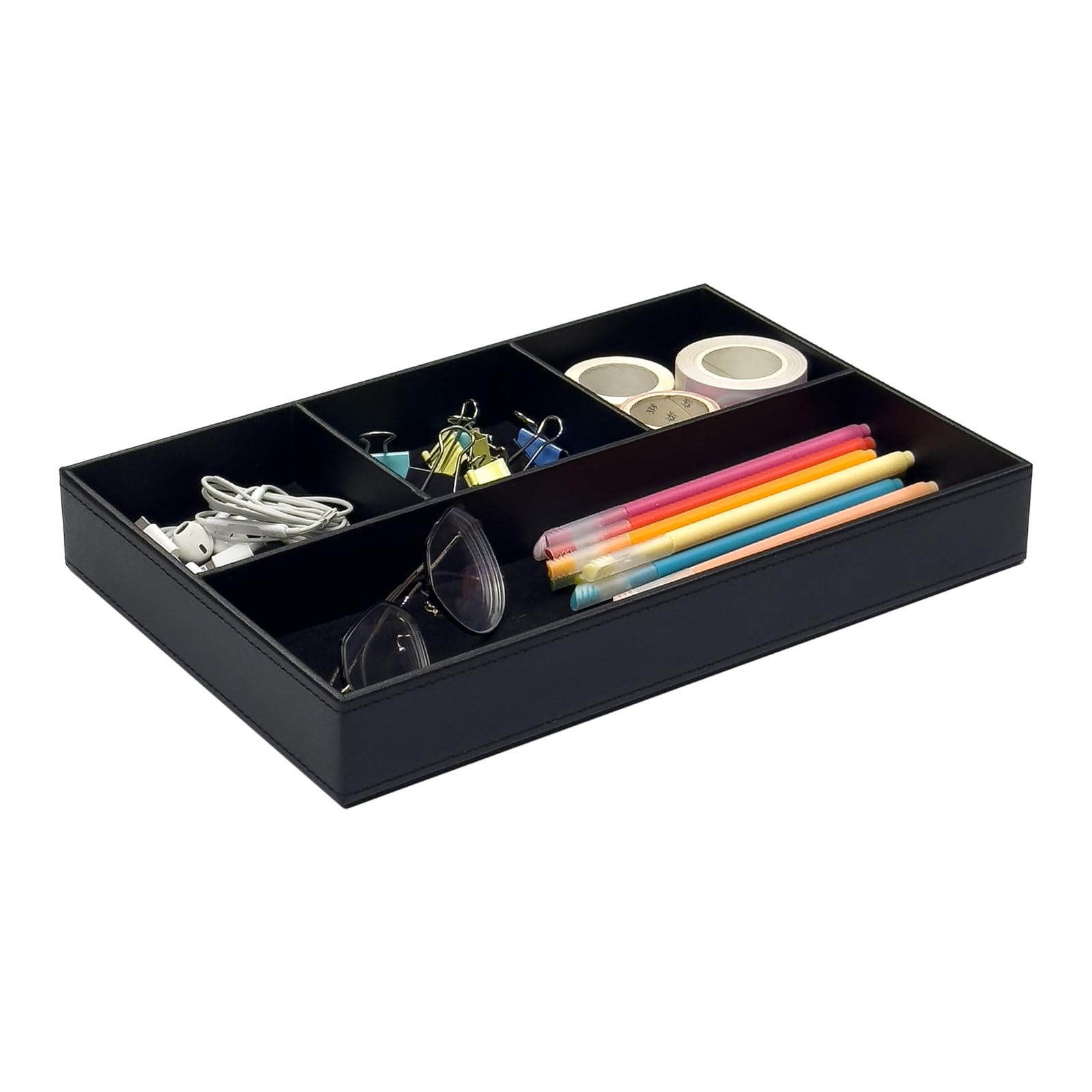UnionBasic Desk Organisers - Flat 4-Slot Leatherette Desk Drawer Organiser - Office Supplies Stationery Sundries Gadget Container (Black)