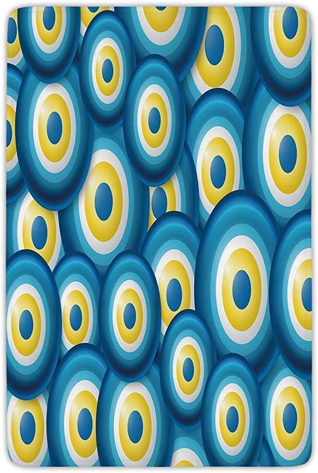 HOOTDYA Bathroom Bath Rug Kitchen Floor Mat Carpet,Evil Eye,Overlapping Evil Eye Figures Cultural Ethnicity Turkish Positive Lucky Sign,Blue White Yellow,Flannel Microfiber Non-slip Soft Absorbent