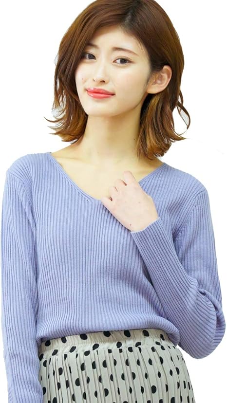 Amazon アドティエ 選べる19色 Vネックリブニットトップス 長袖 レディース 秋 冬 mvライトブルー セーター 通販