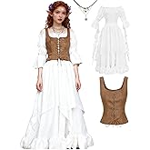 kasahara Women’s Renaissance Costume Set Medieval White Dress Lace-Up Vest & Vintage Necklace for Medieval Events