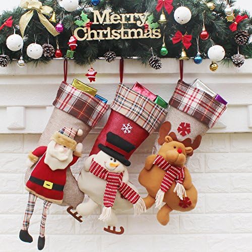 MangGou Christmas Stockings Personalized Ornament Tree Decorations Stockings Hanging, 3 Pcs Set Santa Claus Snowman Elk Socks Christmas Gift for Kids