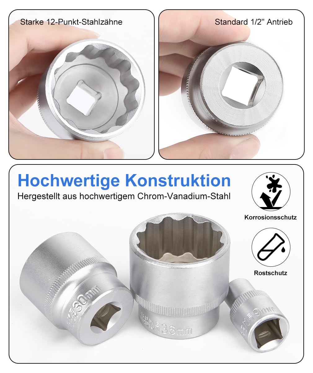 21tlg 1/2'' Vielzahn Nuss Satz,Vielzahn Steckschlüssel Nusskasten, Steckschlüssel Set 8-36mm 12 Kant Außenvielzahn Torx Stecknüsse Satz Stecknuss Nusskasten Universal Satz 4