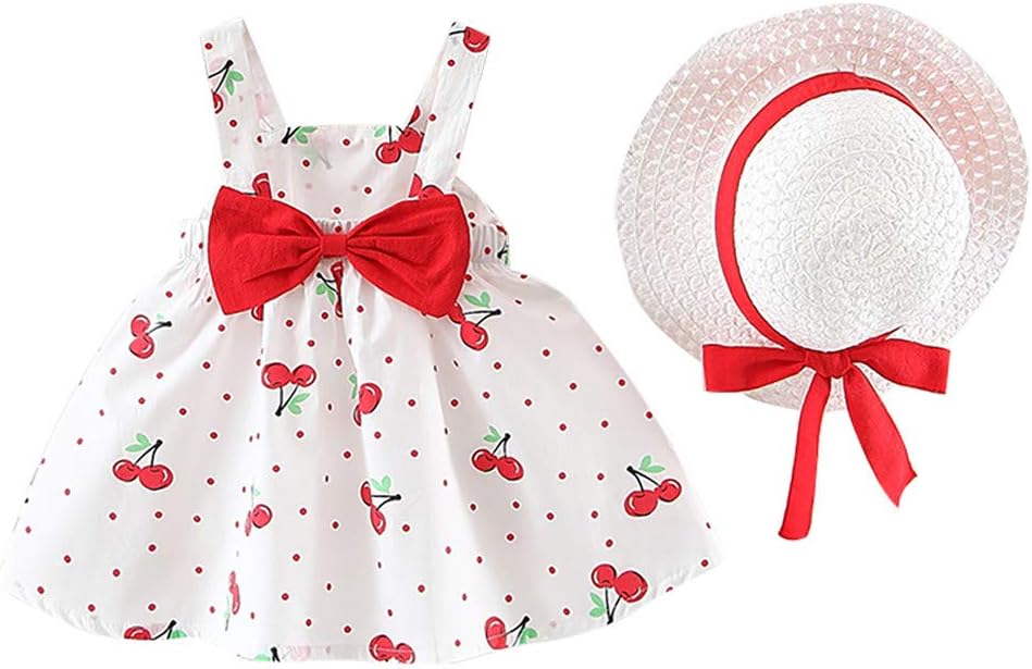 Baby Dress Set Summer,Baby Girls Infant Newborn Sleeveless Cherry Dot Printed Princess Dress+Hat Clothes by-Leegor
