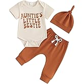 SAYOO Aunties Bestie Baby Clothes Gender Neutral Unisex Funny Letter Bodysuit Romper Solid Leggings Pants Hat 3Pcs Outfits