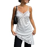 XBTCLXEBCO Women's Satin Lace Cami Top Silk V Neck Spaghetti Strap Camisole Asymmetrical Hem Flowy Long Lace Tank Slip Dress