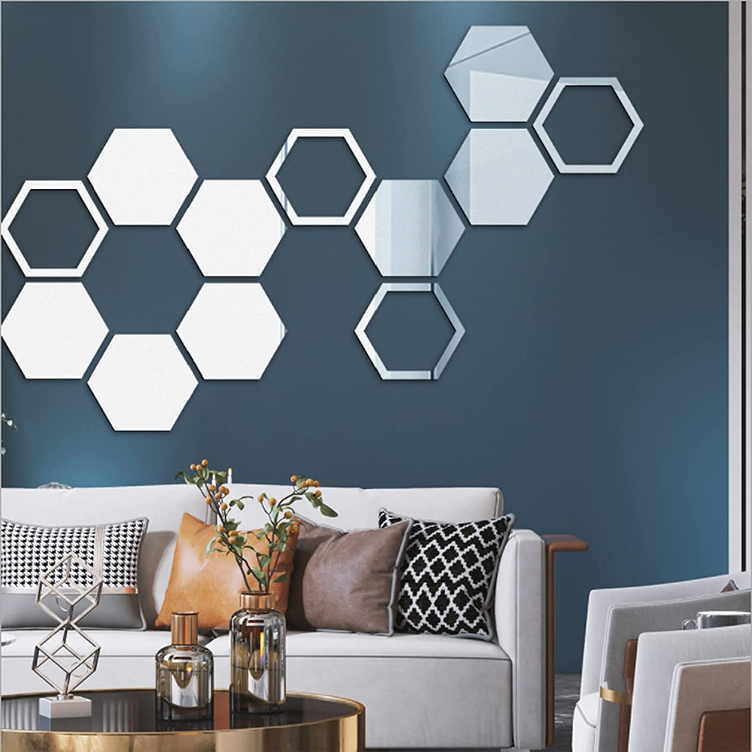 Xemz Hexagon Mirror Wall Stickers, 12 PCS Removable Acrylic Mirror Setting Wall Sticker Decals, Non Glass Mirror Art Walls Decal Plastic Walls Tiles DIY Home Decoration for Living Room Bedroom Office
