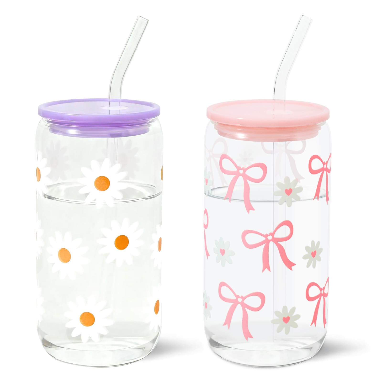 DLOCCOLD Glass Tumbler with Straw and Lid, 20oz Ice Coffee Glass Cup,Drinking Glasses for Water, Coffee, Smoothie with 1 Cleaning Brushes(2 Pack)