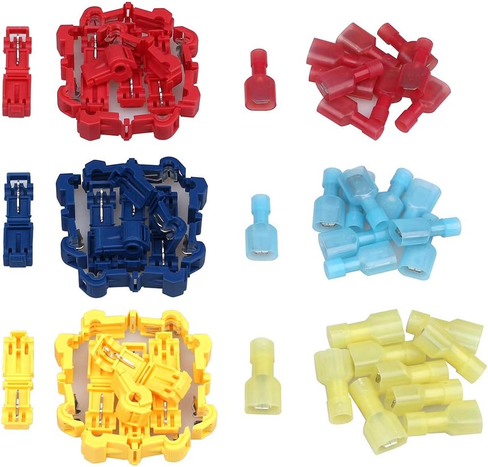 RUIX 60PCS (30 Pairs) Quick Splice Electrical Wire Terminals T-Tap Nylon Full Insulation Bullet Butt Spade Connectors Kit