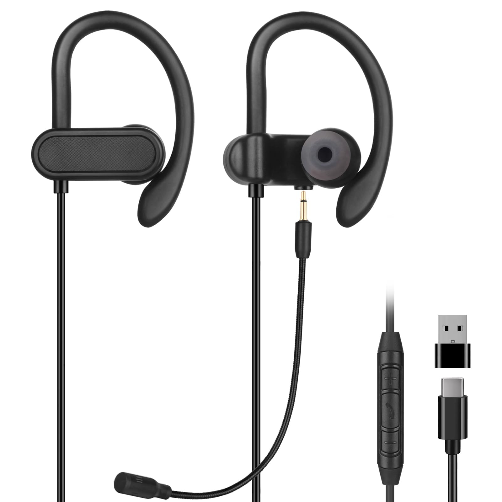Photo 1 of USB C & USB A Earbuds with Boom Mic for Smartphones & Computers, Wired USB C In-ear Headset with Wrap-Around Ear Hooks, Dual Mic Earbuds, 5.9FT - Perfect for Calling, Meeting, Work and Gaming