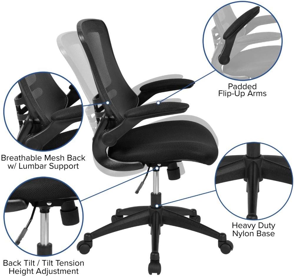 Flash Furniture Mid-Back Black Mesh Swivel Ergonomic Task Office Chair with Flip-Up Arms: Kitchen & Dining