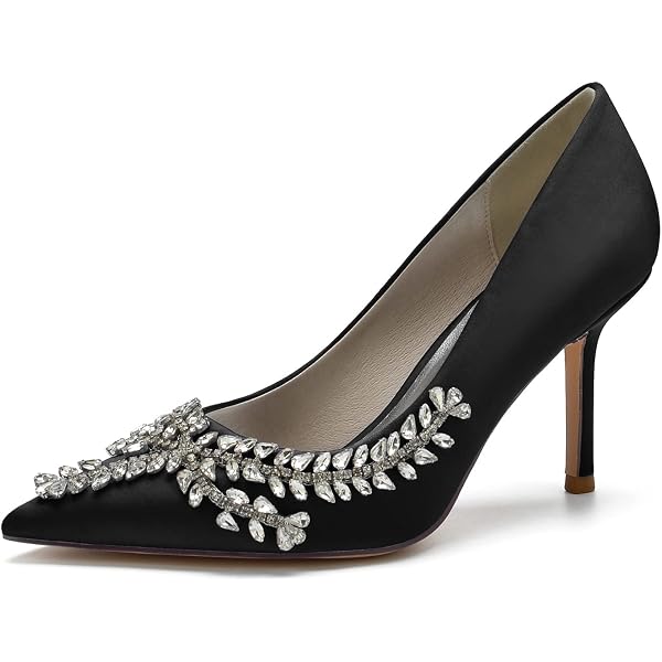 Women’s Wedding Shoes – Satin Rhinestone Pumps, Peep Toe, Mid Heel – Bride & Prom Evening Shoes