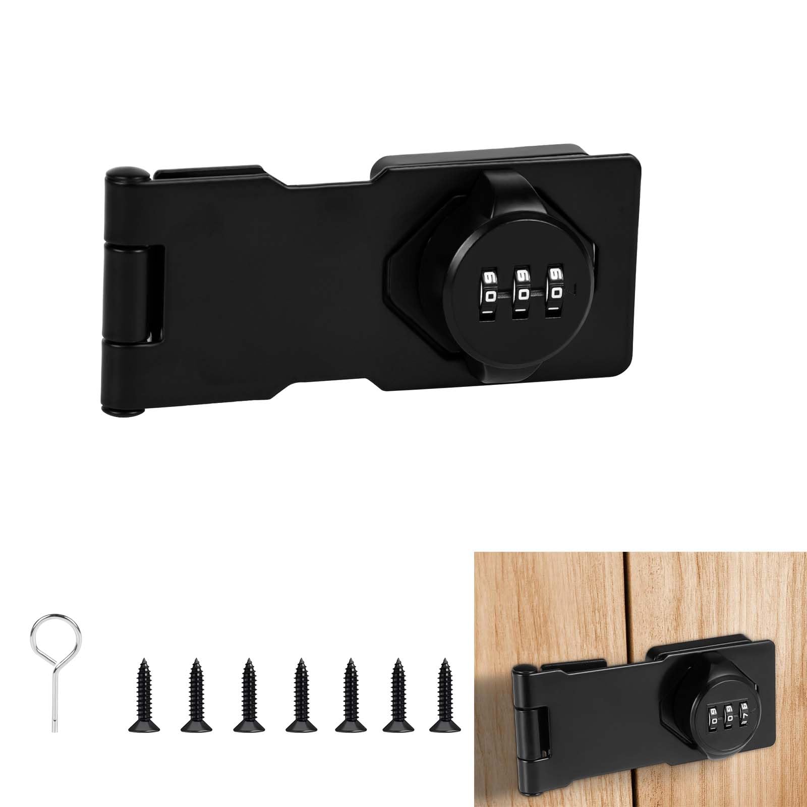 Password Lock, 3.8-Inch Black 90-180 Degree Cabinet Hasp Latch With Combination, Rotary Door Lock for Barn, Outdoor, Garden - Screws Included