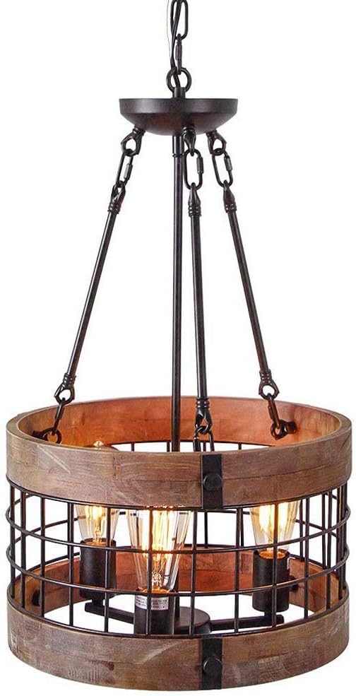 Araña De Madera Redonda, 3 Luces Retro Rústico Forjado Hierro Luz
