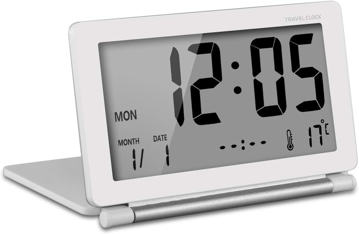 Belamoda Travel clock Alarm Clock Electronic Multifunction Silent Mini Digital LCD Desk Clock Large Screen Backlight Folding Date/Time/Calendar/Temperature Display, Snooze (White)