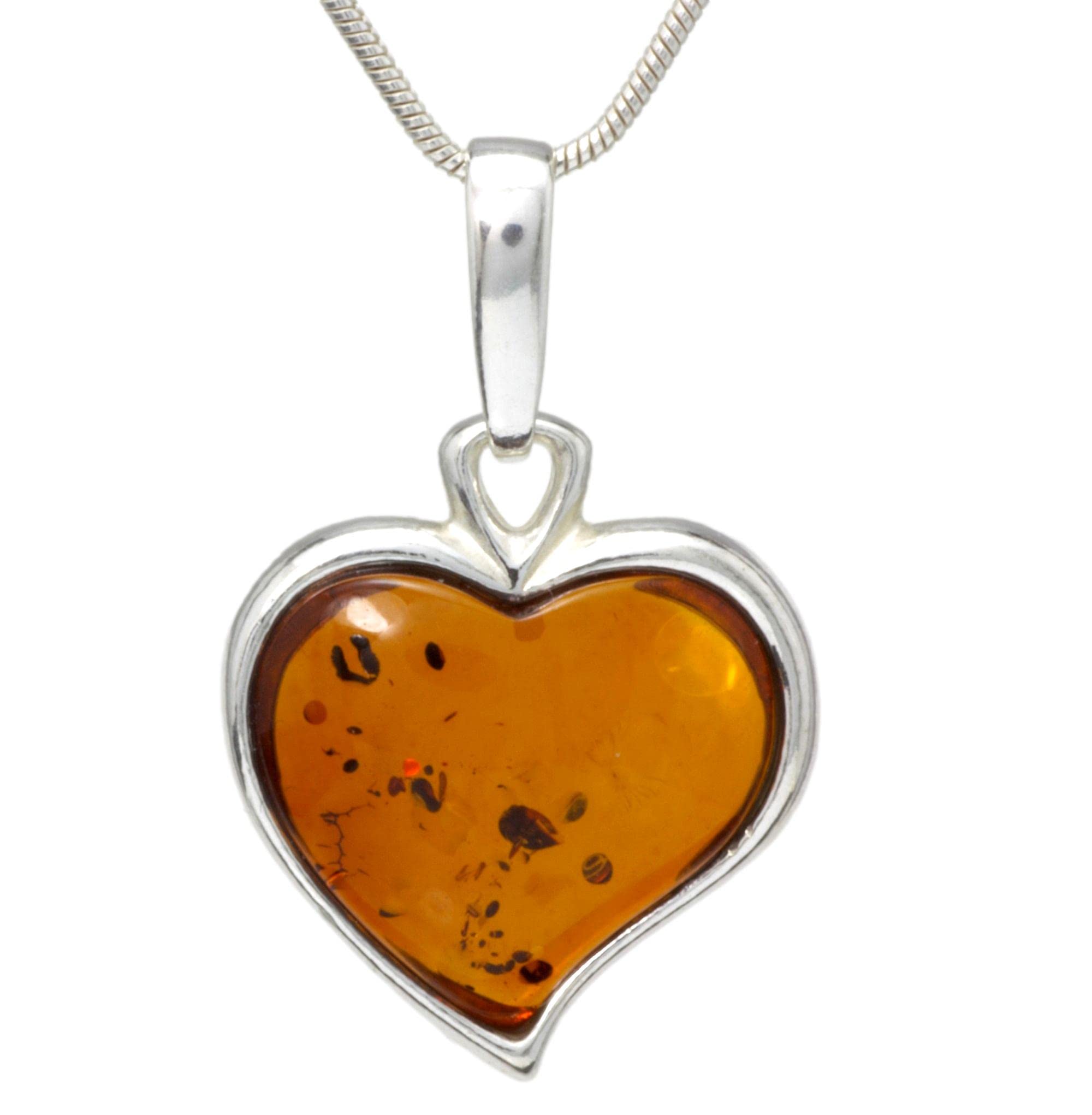 LIGURIUS NATURAL BALTIC AMBER STERLING SILVER 925 NECKLACE PENDANT Gemstone Heart Pendant For Women Size M & Silver Adjustable CHAIN Snake 45cm - 50 cm, Gift set