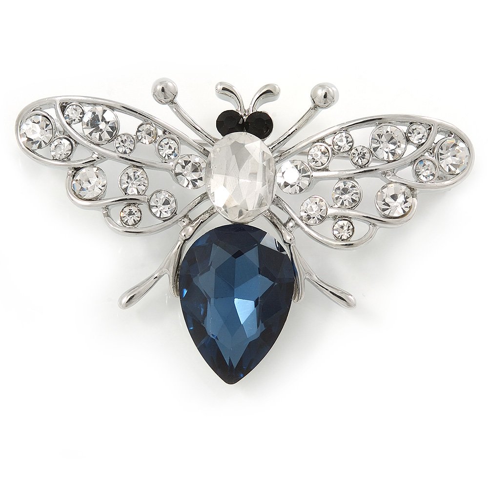 Rhodium Plated Montana Blue CZ, Clear Austrian Crystal Fly Brooch - 50mm Across