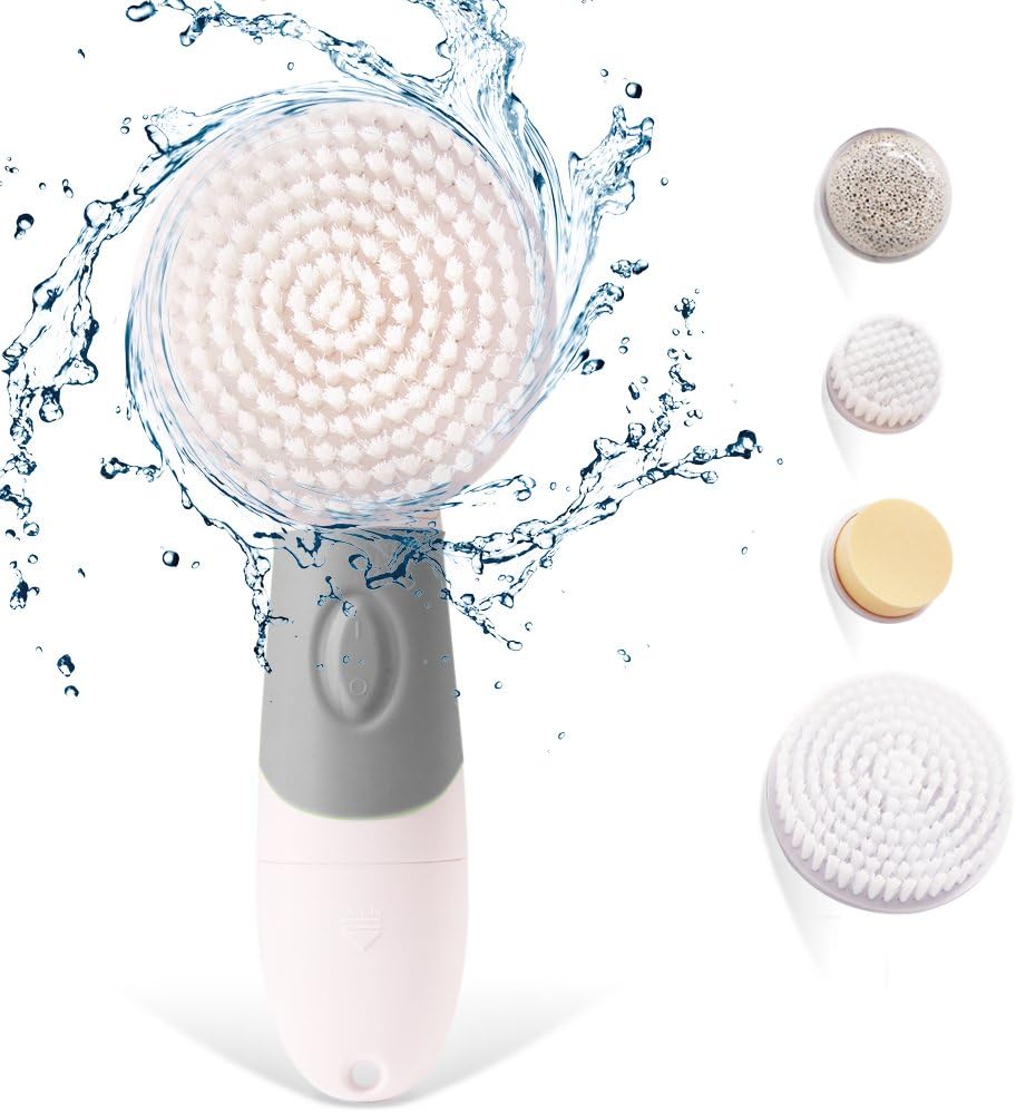 Facial Cleansing Brush Spin for Face and Body Sensitive Skin Cleaning and Massaging Exfoliating Acne Cleanser,Waterproof with 4 Brush Heads(Gray)