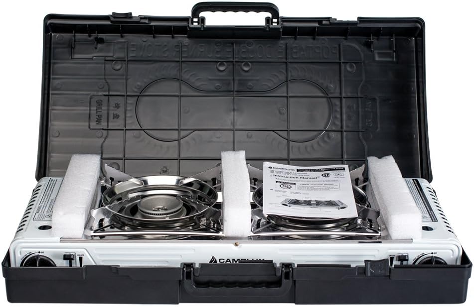 Camplux Portable Camping Butane Gas Stove Twin Burner 16,000BTU with Carrying Case, Stainless Steel (Stainless Steel & White): Sports & Outdoors
