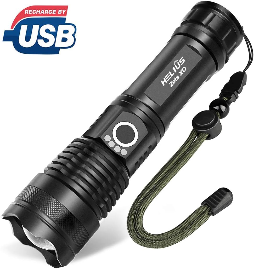 Helius LED tactical flashlight 3000 lumens, 5 Modes, rechargeable, Zoomable, Power Display, Waterproof, flashlights for emergencies, Handheld Light - Apply to Camping/Hiking/military/running etc - - 