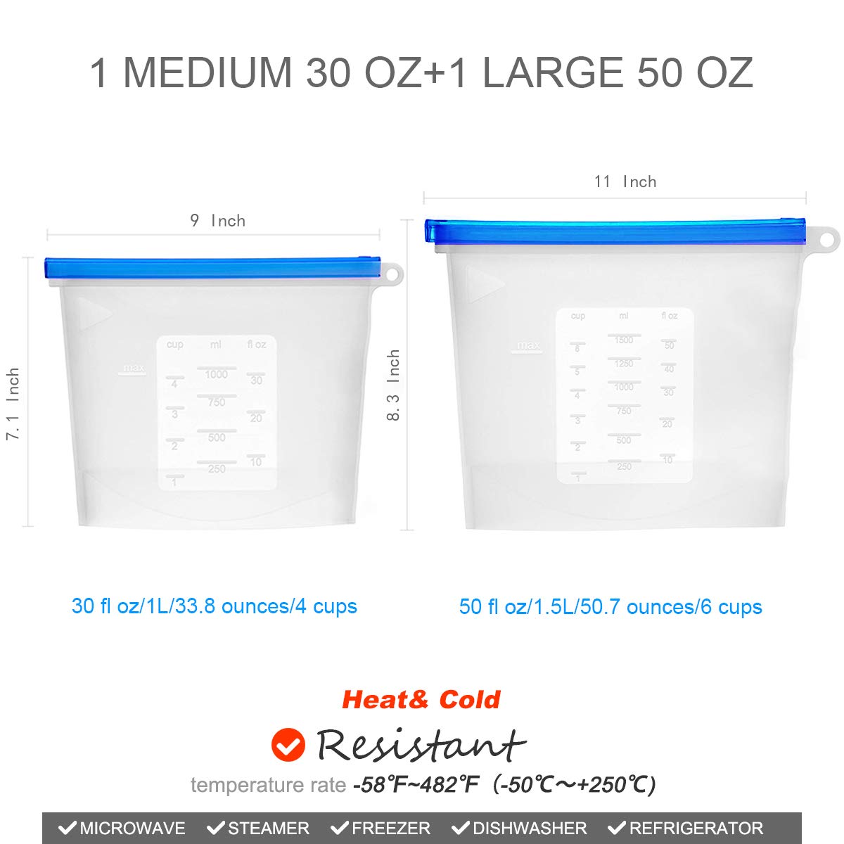 Reusable Silicone Food Storage Bags-Airtight Seal Ziplock Cooking Bags Food Saver Containers Keep Food Fresh-Storage Bags for Lunch,Snacks,Sandwich,Sous Vide and Freezer (50 Oz+30 Oz)