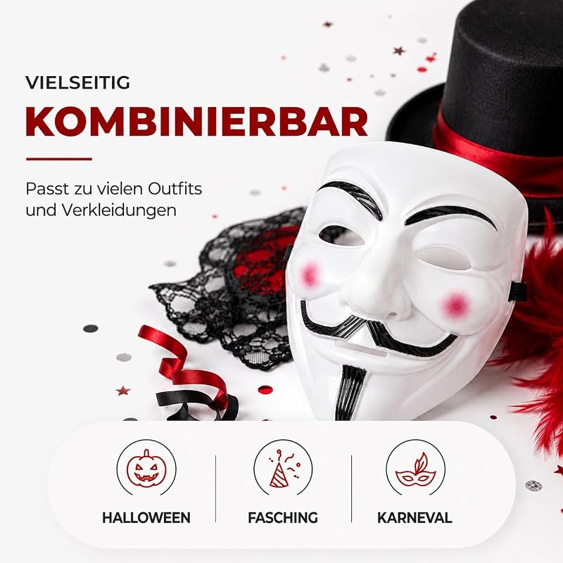 Vendetta Maske als Kostüm Accessoire für Damen & Herren, Kinder & Erwachsene an Anonymous Halloween & Fasching & Karneval — Foto 7 von 8
