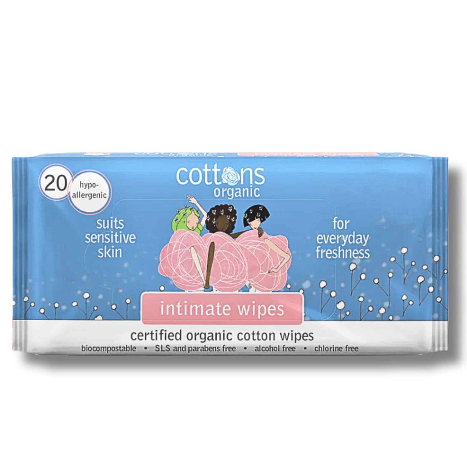 Cottons Intimate Wipes For Women, Pack of 20 x 8, Orgainc Cottons Wipes For Everyday Freshness, Alcohol Free, Chlorine Free, SLS and Paraben Free, Suits sensitive skin