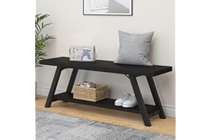 LVB Black Bench, Modern Storage Bench for Bedroom, Wood Metal Entryway Bench for Hallway Dining Living Room, Famrhouse Shoe Rack Indoor Accent Seating Benchs for Foyer Entrance, Black Oak 47 Inch Long