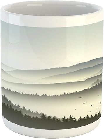 Amazon Co Jp Lunarable Misty Mountains マグ 針葉樹のシルエットイラスト プリントセラミックコーヒーマグ 水 紅茶 ドリンクカップ ダークセピアチャコールグレーホワイト ホーム キッチン