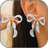 Blue and White Bow Earrings for Women Blue Porcelain Enamel Ribbon Stud Earrings Fashion Jewelry
