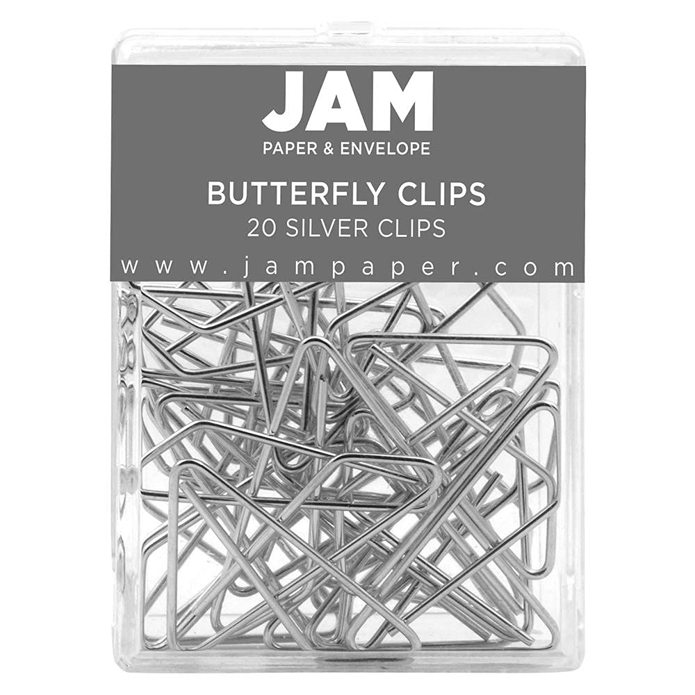 JAM PAPER Colourful Butterfly Clips - Silver Paperclips - 20/Pack