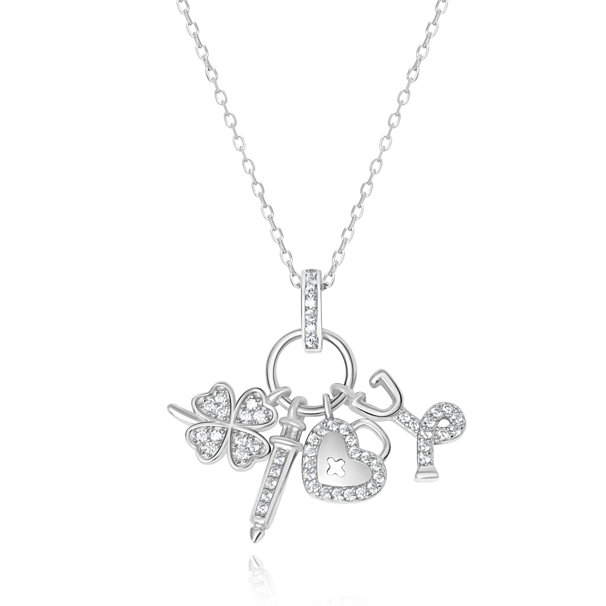 Women’s 925 Sterling Silver Four Leaf Clover Lucky Charm Mantegna Pendant with Cubic Zirconia, a Great Gift or Present for Ladies