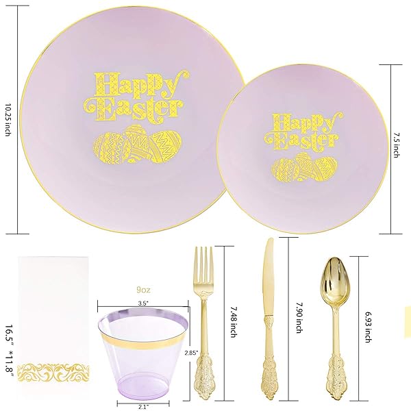 NERVURE 150PCS EASTER PLASTIC PLATES – PURPLE AND GOLD PLATES WITH EASTER EGG – PURPLE DISPOSABLE PLATES INCLUDES 50 PLASTIC PLATES, 25 KNIVES, 25 FORKS, 25 SPOONS, 25 CUPS FOR PARTY