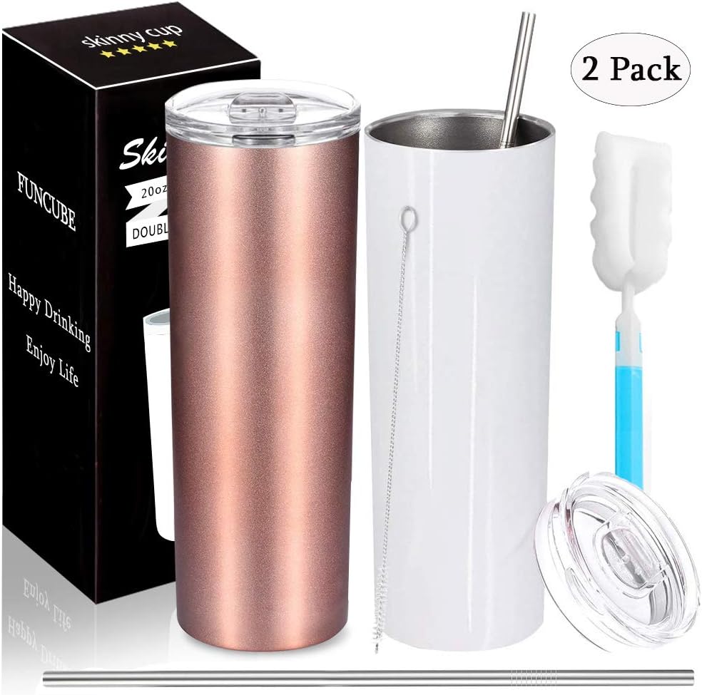 Stainless Steel Skinny Insulated Tumbler with Lid and Straw, 20 OZ Double Vacuum Slim Tumbler Cup, Outdoor Unbreakable Travel Mug for Hot or Cold Drinks with Cleaning Brush (Rose Gold & White)