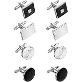 QFGasre 8 Pcs Men's Classic Cufflinks Cuff Links for Men Silver Black Striped Disc Square Rectangle Cuff Links Shirt Suit Men&rsquo;s Jewelry or Accessories for Wedding Groom Business Elegant Gift