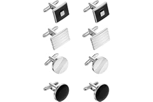 QFGasre 8 Pcs Men's Classic Cufflinks Cuff Links for Men Silver Black Striped Disc Square Rectangle Cuff Links Shirt Suit Men’s Jewelry or Accessories for Wedding Groom Business Elegant Gift