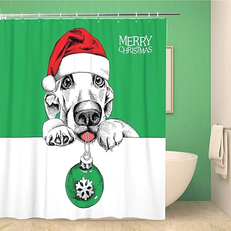 Amazon フック付き72x72インチのシャワーカーテンセットクリスマスサンタの赤い犬の面白い犬の肖像画 S緑のおもちゃのボールが付いている帽子 165x180 Cm シャワーカーテン ホーム キッチン オンライン通販