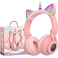 YUSONIC Unicorn Kids Headphones for Girls,Unicorn Bluetooth Headphones Foldable for Girls Toddlers Tablet/Phones/Amazon fire,Light Up Kids Wireless Headphone Birthday Gifts (stn27 Pink)