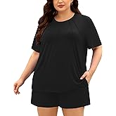 Elsameel 2 Piece Lounge Set Women Plus Size Pajamas Pleated Tops Shorts Set With Pockets PJs Summer Loungewear Sleepwear