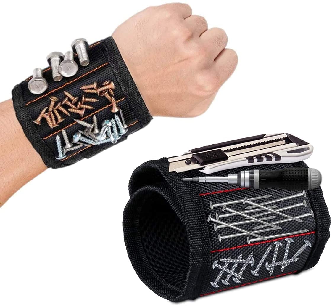Magnetic Wristband Tool DIY Gifts for Men 15 Powerful Magnetics for Screws Man Nails Bolts Handyman Holder (Black)