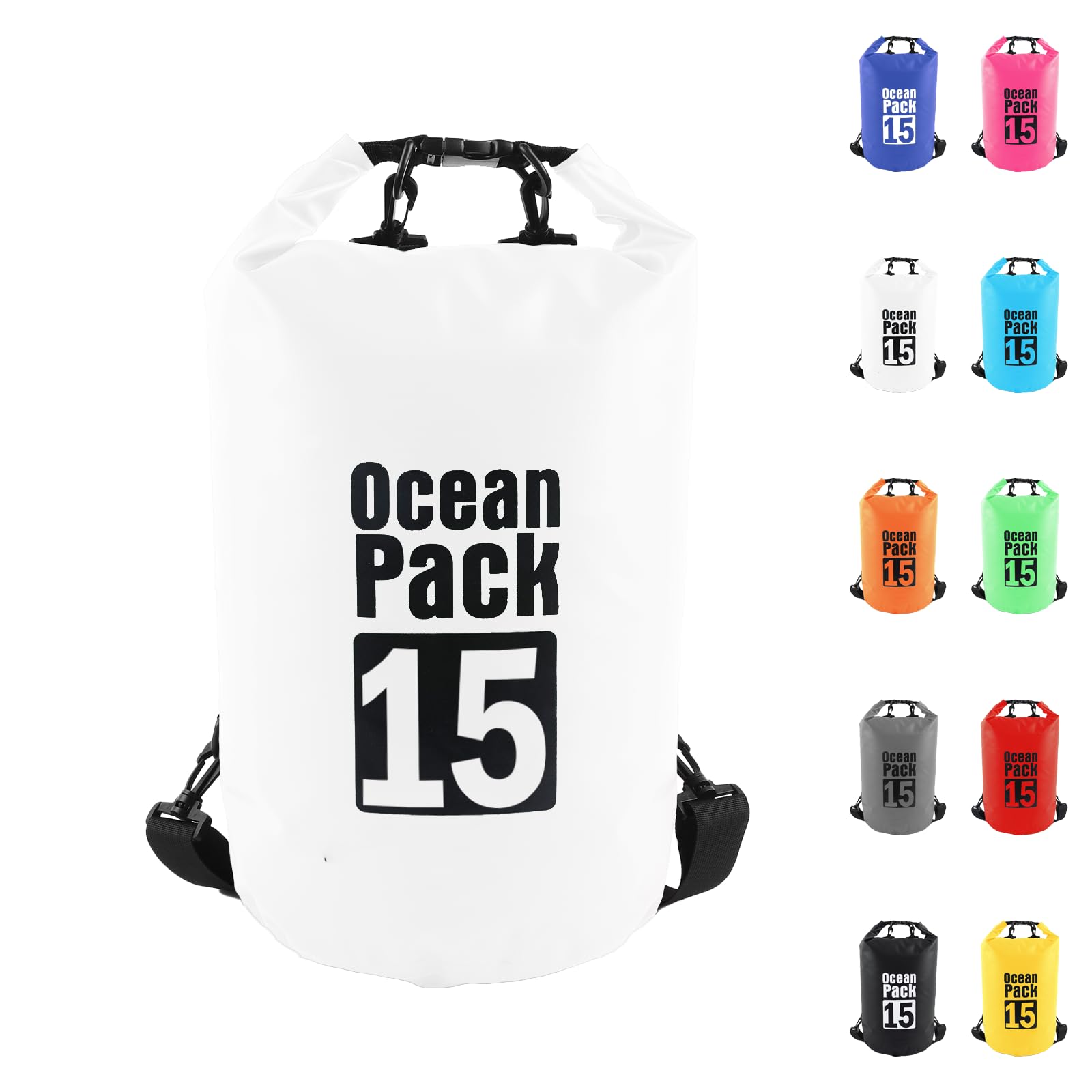 Dry Bag 15L, Boat Dry Bags White Waterproof Bag Dry Sack Roll Top Long Adjustable Shoulder Strap 2L/5L/10L/20L/30L/40L for Drifting Boating Kayaking Fishing Rafting Swimming Camping Canoeing Surfing