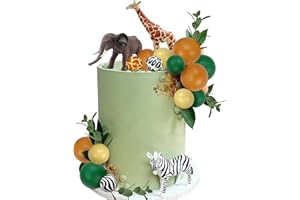 LEFUBABY 24 PCS Realistic Safari Jungle Animal Cake Toppers with Colorful Balls Cake Decorations for Wild Themed Birthday Oh Baby Party Supplies (Green Yellow)